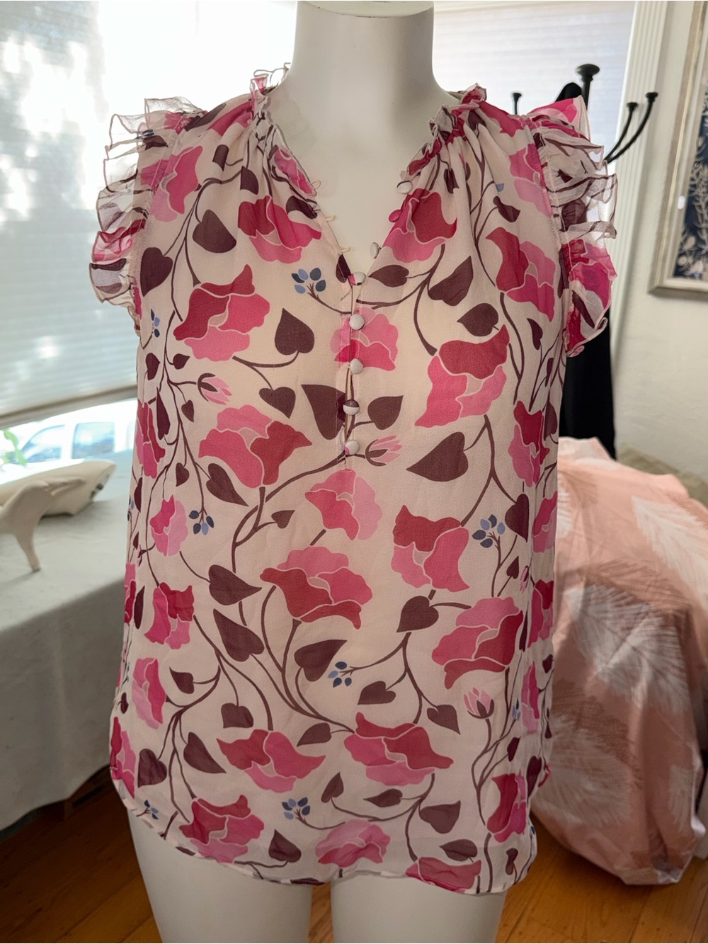 Kate Spade Floral Ruffle Cap-Sleeve Blouse - Pink size L